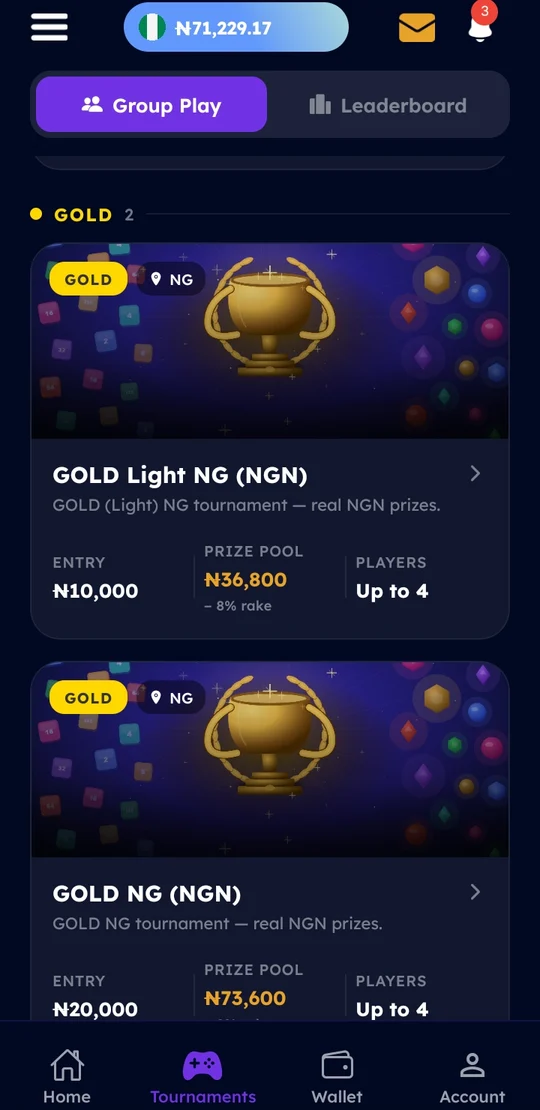 Game4Pay tournament list showing entry tiers, live prize pools and player counts